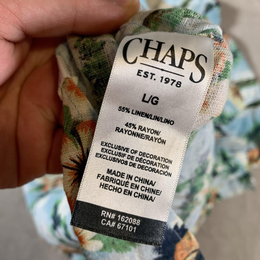 Chaps Shirt Mens Large Blue Floral Hawaiian Seacoast Wash Linen Rayon Button‎ Up - Picture 7 of 9